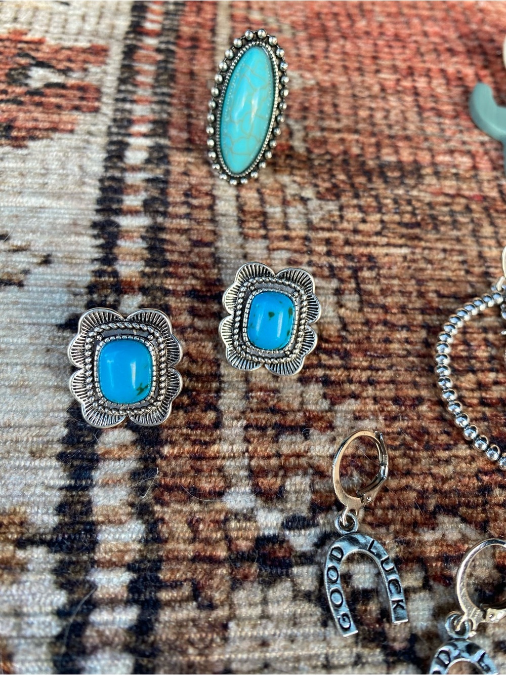 Turquoise Silver Floral Stud Earrings - Women Jewelry